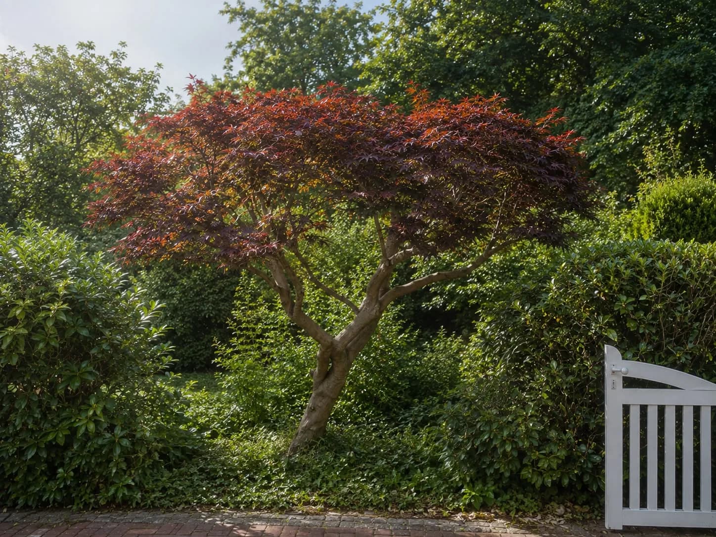 Formschön gewachsener roter Fächerahorn zwischen gepflegten, geschnittenen Hecken an einer weißen Gartenpforte, gepflegt von Paul Hermann in Elmshorn