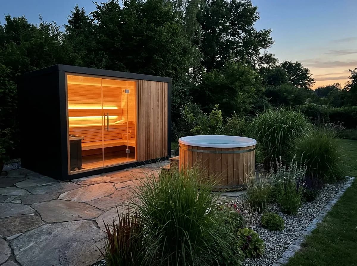 Moderne Gartensauna mit beleuchtetem Innenraum und rundem Tauchbecken auf einer Natursteinterrasse in Elmshorn