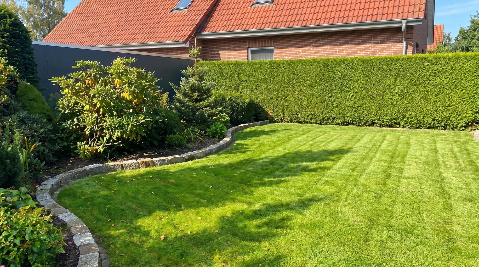 Gepflegter Garten mit gestreiftem Rasen, Natursteinkante und geschnittener Hecke in Elmshorn